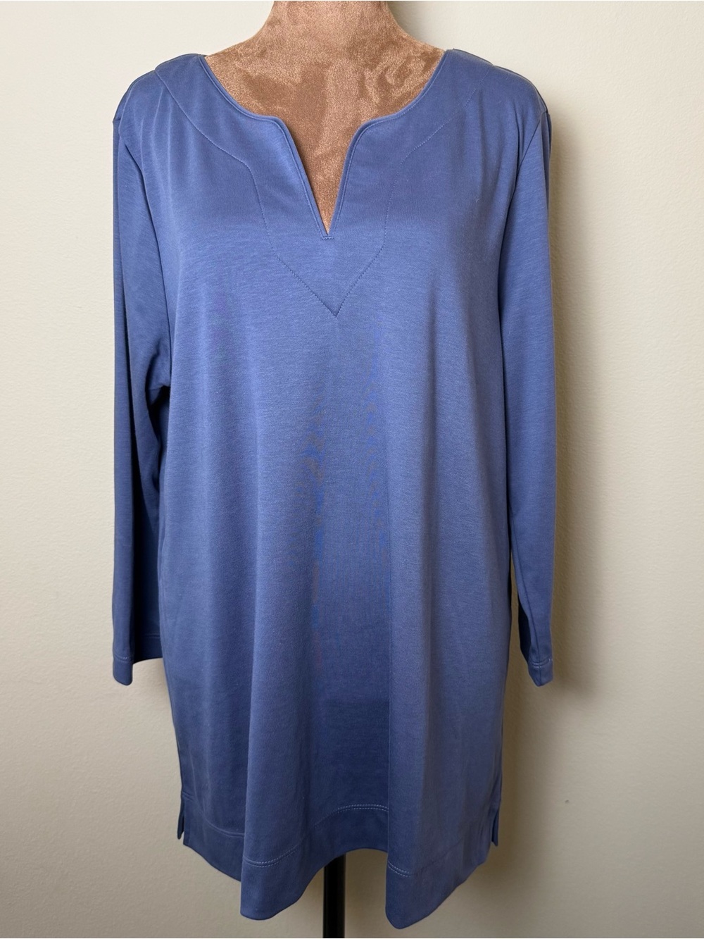 LL Bean Pima Cotton Tunic 3/4 Sleeve Splitneck Womens XL Reg Blue Shirt Top